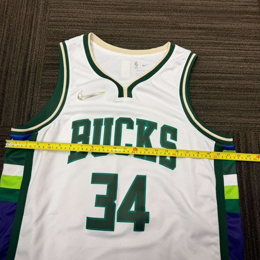 Nike White Basketball Jersey with Green and Purple Bucks Dri Fit - Picture 3 of 7